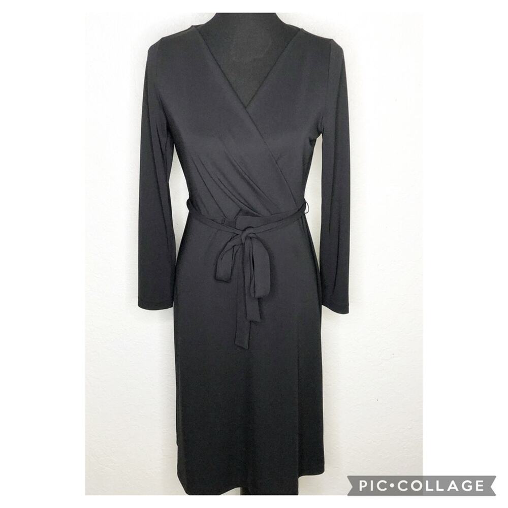 Talbots black faux wrap belted long sleeve midi dress size‎ Small Petite SP